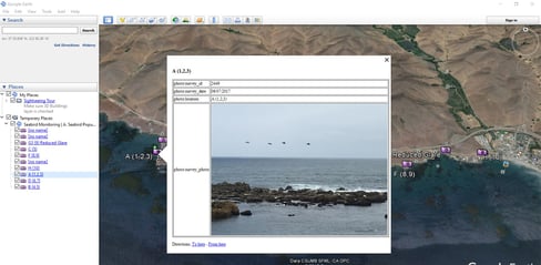 Wildnote makes KML exports quick and easy! Screenshot of a Wildnote KML report in Google Earth showing a specific image along with the photo id, date, and location.