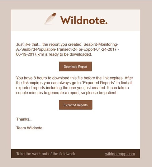 Screen shot of Wildnote Email indicating that the KML file is ready.