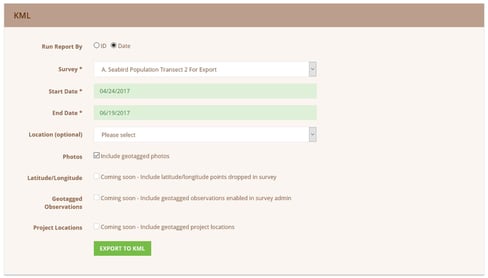 Wildnote KML export report. Screenshot of Wildnote KML Export window.