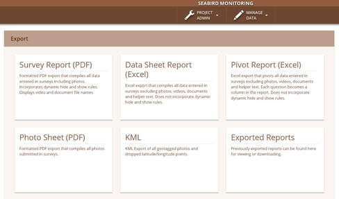 Wildnote export dashboard showing report and file export options. Screenshot of the Wildnote export dashboard showing five different export types including Survey Report, Data Sheet Report, Pivot Report, Photo Sheet, and KML.