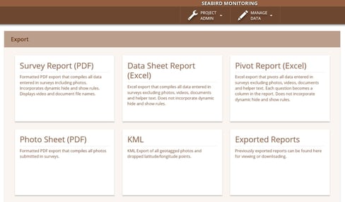 Screenshot of the Wildnote export dashboard showing five different export types including Survey Report, Data Sheet Report, Pivot Report, Photo Sheet, and KML.