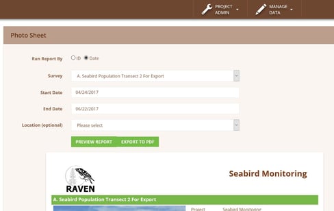 Wildnote Photo Sheet Report preview. Screenshot of Photo Sheet PDF report preview window showing what your report will look like.