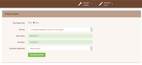 Screenshot of Photo Sheet PDF report options showing survey type, start date, end date and location.